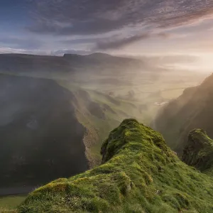 Winnats Pass and Hope valley sunrise, English Peak District. UK