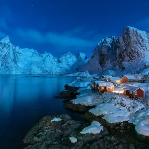 Winter Night Landscape Print of Hamnoy Village Winter Night Landscape Print of Hamnoy Village
