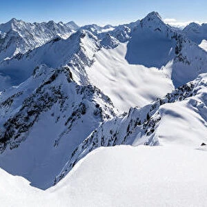 Winter panorama from the Zischgeles, Stubai Alps, Tyrol, Austria