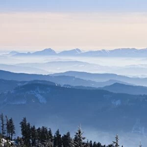 Winter panoramic view to Mala Fatra National Park, Slovakia, from Mount Lysa Hora, Beskids, protected landscape area, Moravia, Czech Republic, Europe