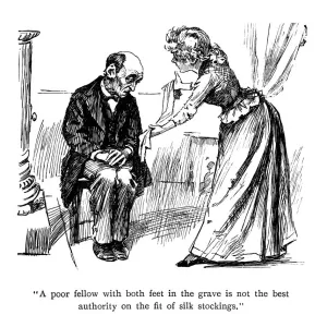 A young woman holds out silk stockings to a bemused man A young woman holds out silk stockings to a bemused man
