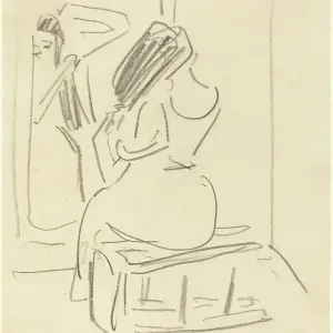 A Woman Combing Her Hair In Front Of A Mirror A Woman Combing Her Hair In Front Of A Mirror