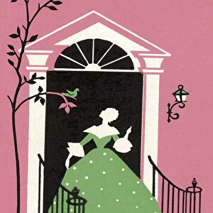 Woman in Green Victorian Dress at Door