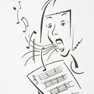 Woman holding staved sheets for musical notation singing with notes flying out of her mouth, front view
