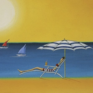 Woman Lying on a Sun Lounger Under a Parasol on a Sunny Beach