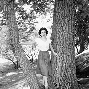 Woman posing between two tree trunks, (B&W), portrait