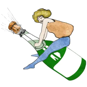Woman Riding Champagne Bottle Print, Art Nouveau 1897