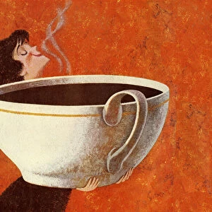 Woman Smelling Giant Cup of Coffee