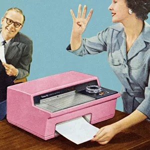Woman Using Vintage Fax Machine