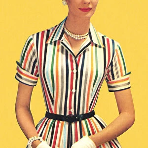 Woman wearing old-fashioned striped dress with white gloves