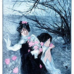 Two women with pink flowers in romantic winter scenery