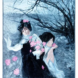 Two women with pink flowers in romantic winter scenery