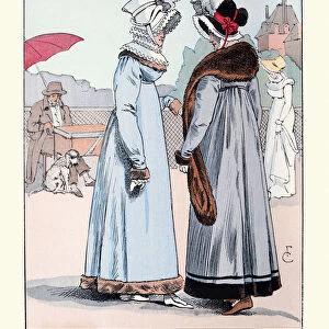 Women wearing high waisted fur trimmed coat, stole, bonnet, Paris fashions early 1810s