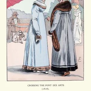 Women wearing high waisted fur trimmed coat, stole, bonnet, Paris fashions early 1810s