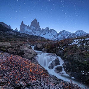 Wonderful view of waterfall and Fitz Roy mountain, Patagonia, El Chalten, Argentina