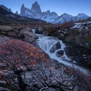 Wonderful view of waterfall and Fitz Roy mountain, Patagonia, El Chalten, Argentina