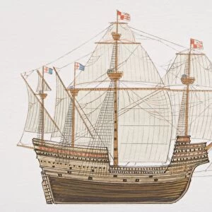 Wooden ship with multiple sails and flags flying on masts