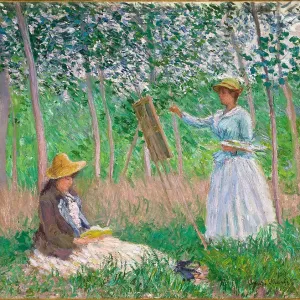 In the Woods at Giverny: Blanche Hoschedé at Her Easel with Suzanne Hoschedé Reading, 1887. Artist: Monet, Claude (1840-1926) In the Woods at Giverny: Blanche Hoschedé at Her Easel with Suzanne Hoschedé Reading, 1887. Artist: Monet, Claude (1840-1926)