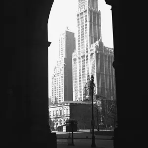 Woolworth Building seen through arch, New York City, USA, (B&W) Woolworth Building seen through arch, New York City, USA, (B&W)