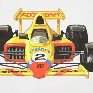 Yellow formula 1 racing car, front view