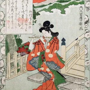 Youg Woman plays a flute by a bridge Youg Woman plays a flute by a bridge