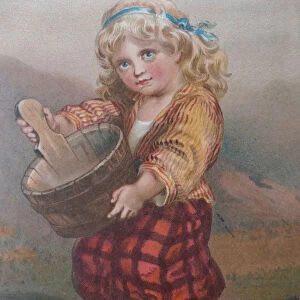 Young blond girl carrying a wooden bucket
