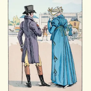 Young couple waiting for coach on Place de la Concorde, 1800s Young couple waiting for coach on Place de la Concorde, 1800s