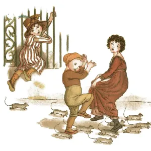 Young girl and two children trying to escape from rats Young girl and two children trying to escape from rats