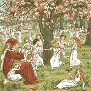 Young girls dancing amongst the trees while the Pied Piper plays his pipe