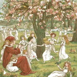 Young girls dancing amongst trees, The Pied Piper plays his pipe Young girls dancing amongst trees, The Pied Piper plays his pipe