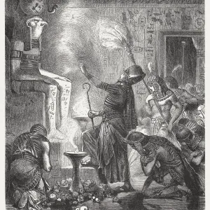 The young Pharaoh in the temple, wood engraving, published 1880 The young Pharaoh in the temple, wood engraving, published 1880
