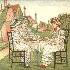 Three young Regency style ladies taking tea in a garden