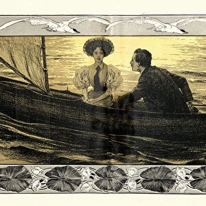 Young Victorian couple in a boat 19th Century, 1890s, Art Nouveau