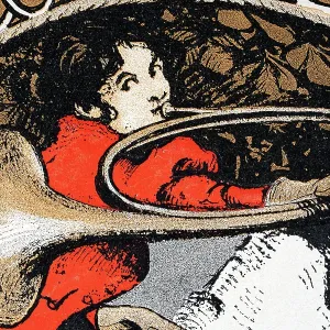 Young woman blowing a French horn, , Jugendstil, German Art Nouveau, 1890s, 19th Century Young woman blowing a French horn, , Jugendstil, German Art Nouveau, 1890s, 19th Century