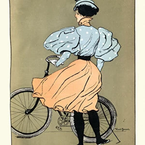 Young woman cyclist with bicycle Victorian Art Nouveau Jugendstil