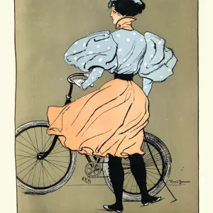 Young woman cyclist with bicycle Victorian Art Nouveau Jugendstil