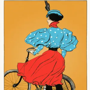 Young woman in dress with bicycle on orange background art nouveau 1897