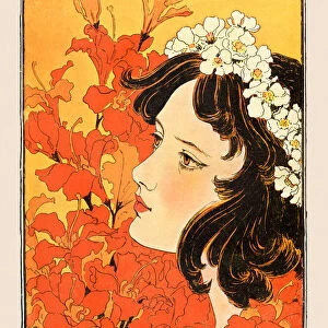Young woman with floral garland in nature dreaming art nouveau 1897