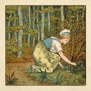 Young woman digging in a wood, Print Young woman digging in a wood, Print