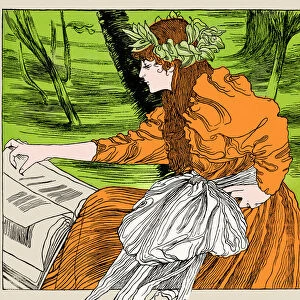 Young woman reading book in nature at spring art nouveau 1896
