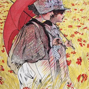 Young women with red parasol walking in field of poppies on a summers day, Vintage illustration, Art Nouveau, Jugendstil, German, 1890s 19th Century