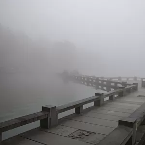 A zig zag bridge on the West Lake in foggy morning, Hangzhou