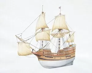 1620 American wooden merchant ship with raised sails