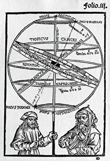 Manuscript Prints: 16th-Century Woodcut of Two Men and an Armillary Sphere