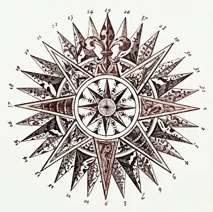 Dutch Prints: 17th-Century Drawing of a Compass Rose by Blaue