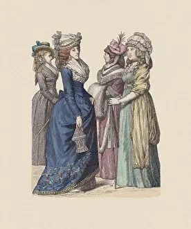 18th century, German costumes, hand-colored wood engraving, published ca. 1880