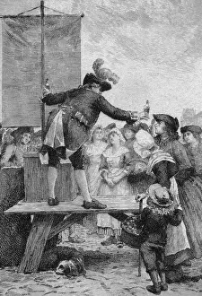 Deceit Prints: 18th Century Quack Salesman Selling Potions to Citizens
