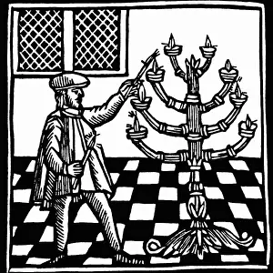 18th-Century Woodcut of Menorah Lighting
