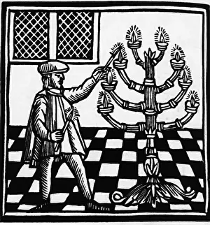 18th-Century Woodcut of Menorah Lighting