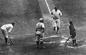 Prints of BRONX, NY - OCTOBER 10: Babe Ruth coming to home plate after hitting a home run in game seven of the 1926 World Series (batboy Eddie Bennett reaches for the Babe's hand as he crosses the plate) MLB Legends Art Prints: Top 10 Greatest Baseball Players of All Time: 1926 World Series